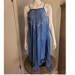 California Woman Blue Chambray Fringe Hanky Hem Maxi Dress Sz Small Embroidered